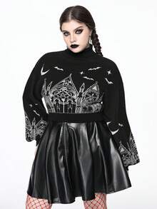 ROMWE Goth 大码女式哥特式圣诞城堡十字架图案高领撞色套头毛衣 - 黑與白 - 查看 6