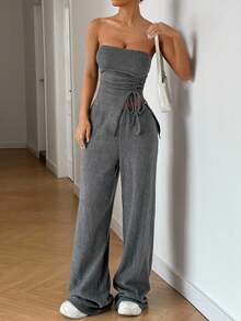 SHEIN EZwear 2 chiếc áo crop top và quần rút dây bên hông màu trơn thời trang mùa hè cho nữ - Xám - Xem 5