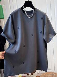 Manfinity Dauomo Áo thun nam cổ tròn tay ngắn dáng rộng thoải mái cỡ lớn, mùa hè - Màu xám đen - Xem 3