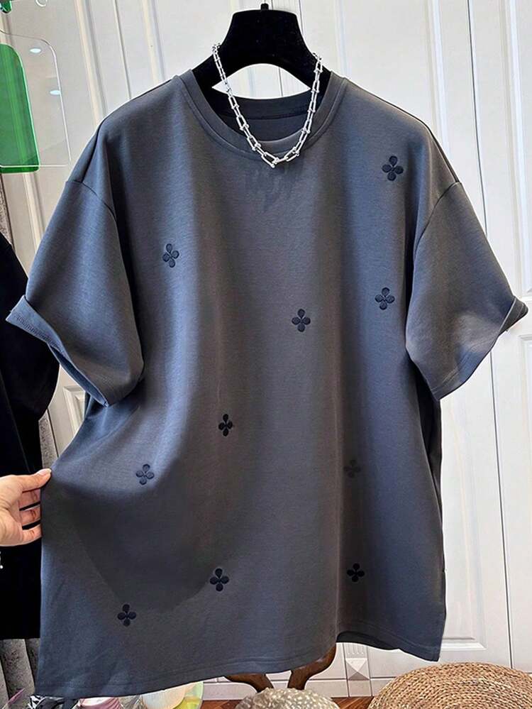 加大码男士休闲宽松圆领短袖T恤，夏季 - 深灰色 - 查看 3