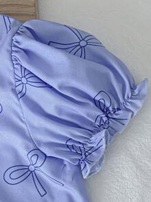 SHEIN Conjunto de 2 peças para meninas: blusa branca com mangas bufantes e laço colorido + calça pantalona roxa, ideal para o dia a dia e para as férias. Perfeito para o verão. - Azul e branco - Ver 4