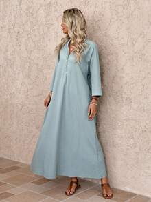 Faunlyn 女士纯色V领优雅长裙 - 藍色 - 查看 5