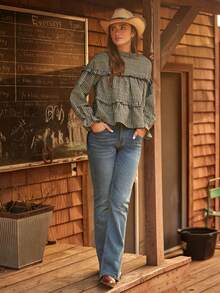 WESTFADE Plaid Check Woven Ruffle Neck Tiered Button Back Long Puff Sleeve Loose Fit Babydoll Top Winter, Boho, Western Wear, Holiday, Christmas, NYE, New Year, Nashville Cowgirl, Casual, Cute - Brown - View 3