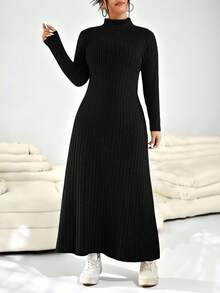 SHEIN EZwear Plus Size Solid Color Ribbed Knit Turtleneck Sweater Dress - Black - View 6
