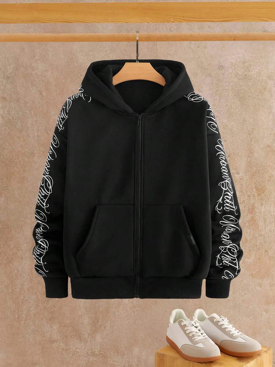 HIMLAND 男士针织时尚日常休闲宽松刺绣英文文字连帽衫，秋冬 - 黑色 - 查看 1