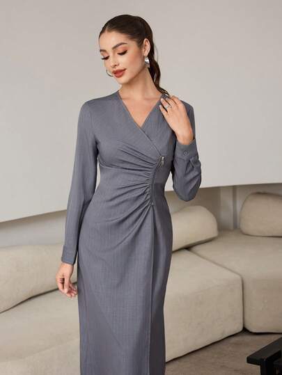 Modelyn Women's Gray Vertical Striped V-Neck Pleated Zip-Up Adjustable Tie Elegant Long Dress For Outdoor Wear