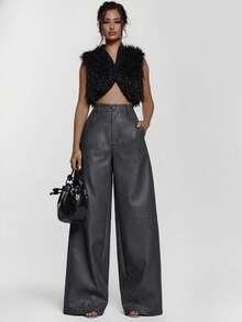 MUSERA 仿皮阔腿中腰裤 性感外出 秋季 夜间外出 冬季 可爱街头风