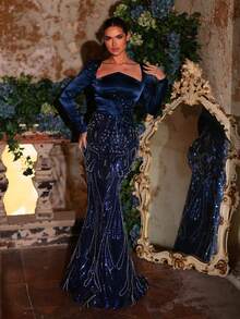Aureia 优雅、浪漫、奢华、高贵、海军蓝、亮片面料、缎面拼接、长袖、鱼尾下摆，适合度假、婚礼、单身派对、正式舞会、盛大晚宴（装饰繁复） - 寶藍色 - 查看 7