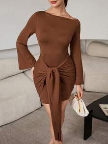 Poshira Vestido corto elegante de mujer con mangas largas ajustadas, plisado y retorcido, de unicolor, para primavera/otoño - Marrón - Ver 5