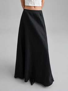 Ontre Chân váy dài xòe mùa thu cho nữ, chất liệu 100% vải lanh, màu đen, kiểu dáng cổ điển, phong cách thành thị năng động, chân váy nữ bằng vải lanh nguyên chất có tua rua, phù hợp cho công sở, đi học. - màu đen - Xem 5