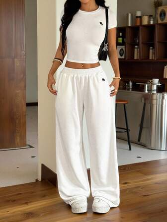 Muchica Set de 2 prendas de punto ajustadas bordadas para mujer, blancas de verano