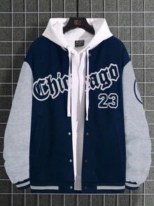 Manfinity Campus Court Loose Fit Men's Letter Graphic Two-Tone Varsity Jacket Without Hoodie Baseball Jacket Hoodie Jacket Chicago Jacket Letterman Jacket - Royal Blue - View 1