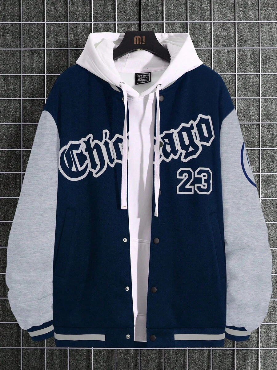 Manfinity Campus Court Loose Fit Men's Letter Graphic Two-Tone Varsity Jacket Without Hoodie Baseball Jacket Hoodie Jacket Chicago Jacket Letterman Jacket - Royal Blue - View 1