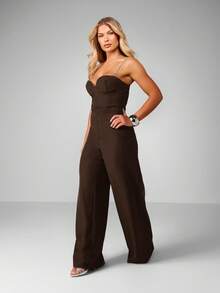 MISSGUIDED Diamante Strap Bustier Wide Leg Jumpsuit With Sweetheart Neckline And Crystal Embellished Straps - Coffee Brown - View 4