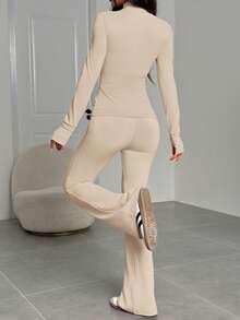 CovetEZ Conjunto de 2 peças Jaqueta de Zíper com Manga Longa e Calça em Cor Sólida para Mulheres