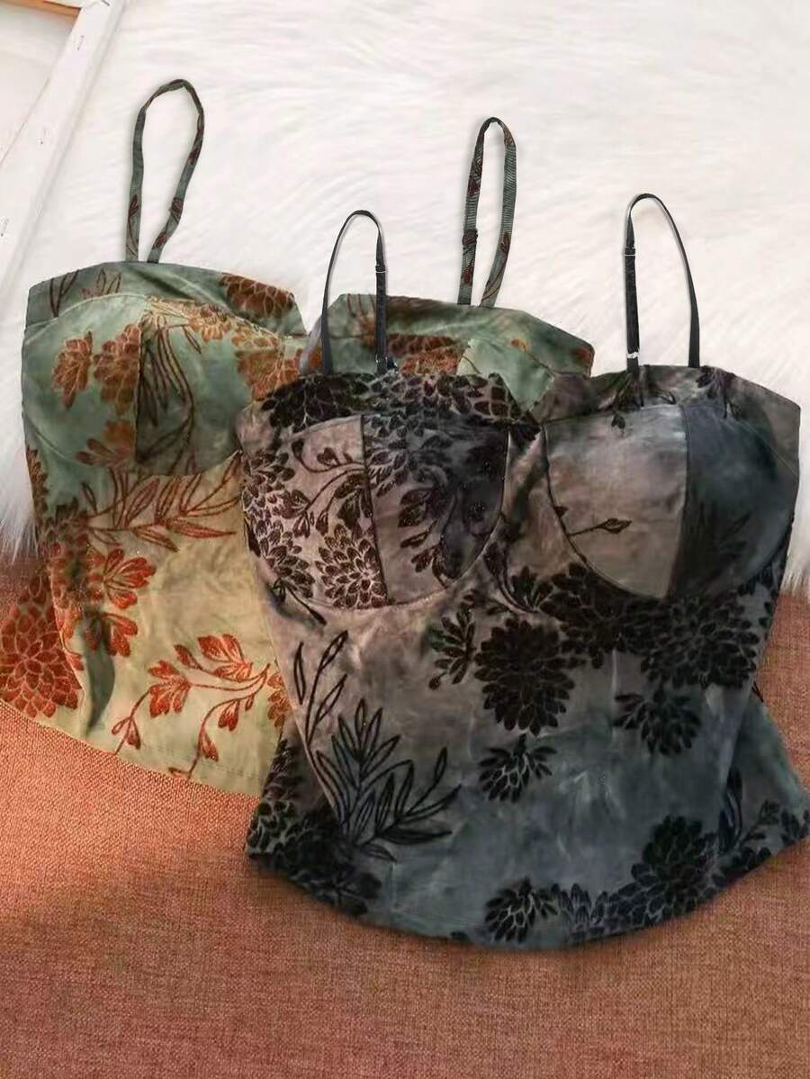 GlowEve Women's Elegant Minimalist Commute & Party Camisole Top, Fitted Waist Design, Flocked Fabric, 2 Pieces Set, Autumn/Winter - Multicolor - View 1