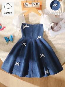 Tween Girls' Summer Casual Fashionable Dress, White Textured Bow Decor, Puff Sleeves, Denim Patchwork, Suitable For Summer Back To School, Sweet & Lovely Lady-Like Daily, Vacation, Travel, Photo Shoot Fall Winter - Multicolor - View 10