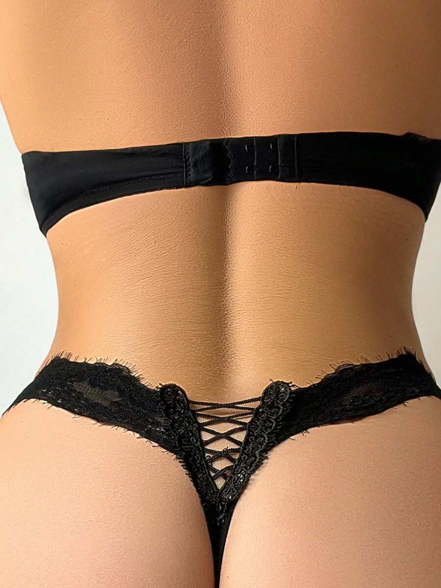 Solid Color Hollow Romantic Lace Splicing Thong - Black - View 1
