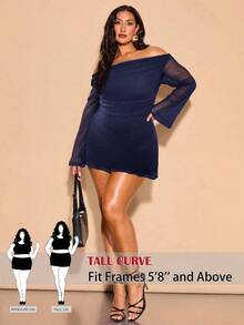 SHEIN Tall CURVE 大码女士优雅亮片露肩褶皱A字喇叭袖连衣裙，性感迷你派对连衣裙，适合毕业典礼、婚礼、晚宴、夜生活等场合。 - 寶藍色 - 查看 1