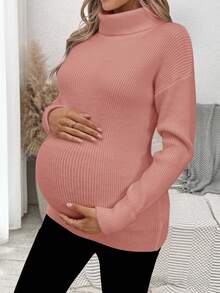 SHEIN Áo len bầu cổ cao tay dài, màu trơn, vai rớt, ấm áp cho mùa thu/đông. - Hồng - Xem 6