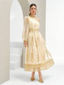 Al Najma Damen Asymmetrischer Ausschnitt Mesh Patchwork Elegantes Langarm Arabisches Kleid - Gelb - Übersicht 3