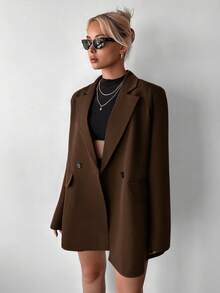 Ritzy Row Jaket Blazer Wanita Kasual Ukuran Besar dengan Bantalan Bahu, Panjang Sedang, Kancing Ganda - Coklat - View 5