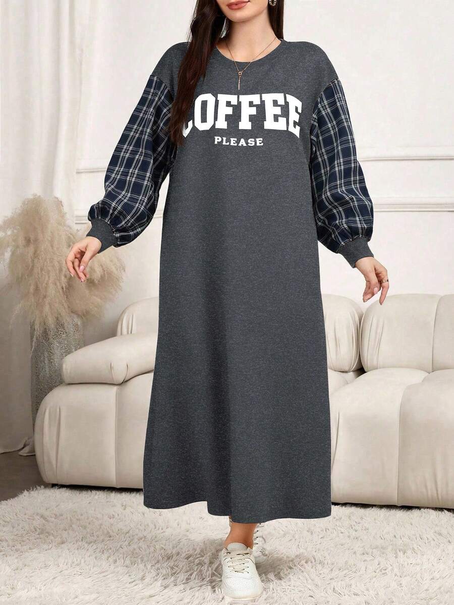 Modelyn Đầm suông cổ tròn tay dài màu trơn in chữ chắp vá thường ngày cho nữ - Màu xám đen - Xem 1