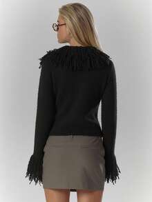 MUSERA Áo khoác cardigan dệt kim dáng ôm, viền lông xù, ấm áp, mềm mại, dễ thương, thích hợp cho tiệc cà phê, câu lạc bộ, mùa đông, ngày lễ tình nhân, thanh lịch. - màu đen - Xem 2