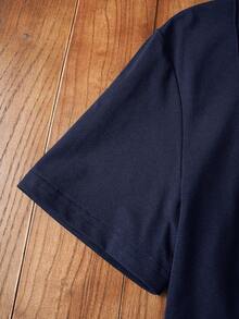 HIMLAND Men's Letter & Toothpick Design Casual Knit Short Sleeve T-Shirt Navy Mens T Shirt Navy Blue Top Men Mens Casual Tops Curved Hem Tee Men - Blue - View 6