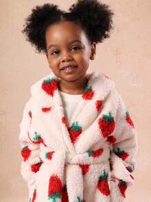 SUMWON Girls Fluffy Strawberry Print Dressing Gown With Hood And Belt Cozy Bathrobe For Kids Sleep Wear Winter Comfort For Casual And Vacation - Apricot - View 1