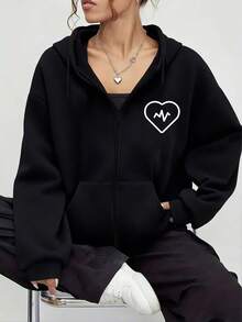 Sudadera con capucha de cierre completo color rojo vino con estampado de corazón y línea de latido cardíaco para uso casual y deportivo - Negro - Ver 1