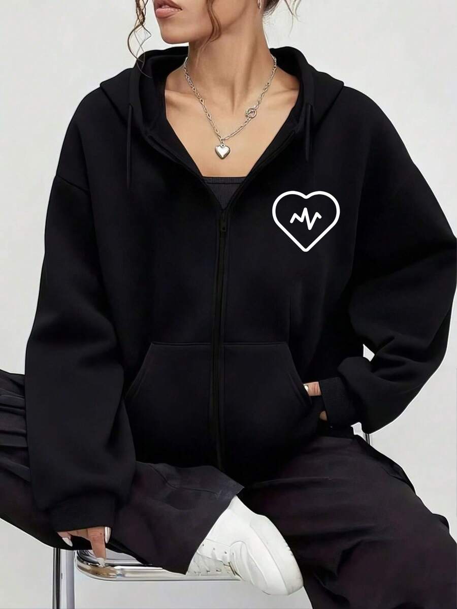Sudadera con capucha de cierre completo color rojo vino con estampado de corazón y línea de latido cardíaco para uso casual y deportivo - Negro - Ver 1