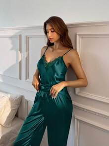 Aloruh Women's Solid Color Lace Patchwork Cami Top & Pants Pajamas Set - Dark Green - View 6