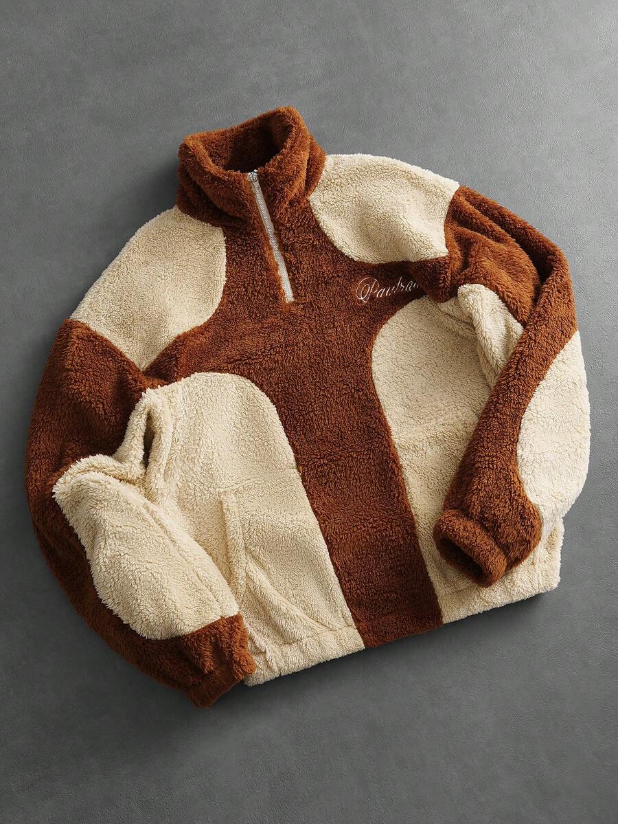 PAVTROS Men's Street Style, Minimalist Patchwork Stand Collar Half-Zip Comfortable Fleece Sweatshirt, Warm, Lightweight, Autumn/Winter Street Wear - Khaki - View 1