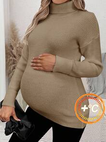 SHEIN 孕妇纯色落肩长袖高领休闲套头毛衣，秋冬季