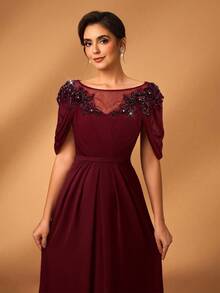 Serin Women's Elegant Gray-Pink Chiffon Fabric Round Neck Sheer Long Sleeve Ruched Sequin Applique Micro-Mermaid Hem Dress, Suitable For Mother Of The Bride Wedding, Formal Events, Music Festivals, Parties - Burgundy - View 1