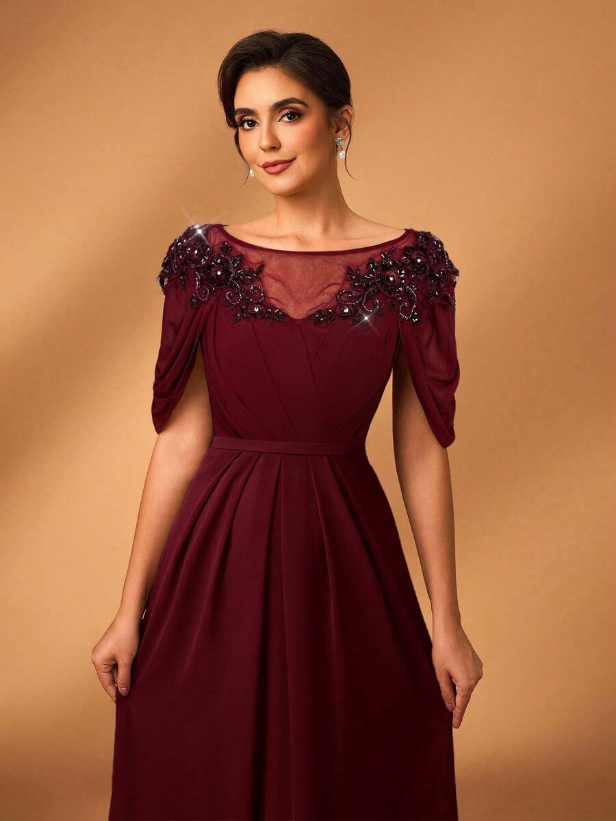 Serin Women's Elegant Gray-Pink Chiffon Fabric Round Neck Sheer Long Sleeve Ruched Sequin Applique Micro-Mermaid Hem Dress, Suitable For Mother Of The Bride Wedding, Formal Events, Music Festivals, Parties - Burgundy - View 1