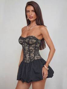 Aloruh Black Sexy Lace Bandeau Mini Dress - Black - View 4