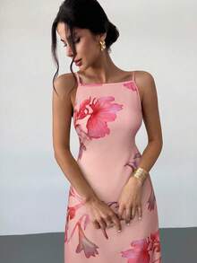 Firerie 女士纯色休闲吊带露背印花宽松夏威夷度假连衣裙，奶油黄 - 西瓜粉 - 查看 8
