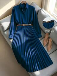 Franclia Casual Commute Versatile Solid Color Long Sleeve Shirt Paired With Women's A-Line Skirt, Pleated Skirt, Maxi Skirt, Comes With Belt, Spring/Autumn, Khaki Women's Suit, Women's 2-Piece Set, Women's Dress, Autumn/Spring Clothing, Women's Casual Wear, Women's Teacher Uniform