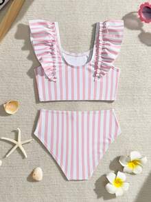 女童吊带泳衣套装，条纹针织比基尼上衣和下装，饰有可爱荷叶边，粉色，休闲可爱，两件套，适合游泳、度假和夏季穿着