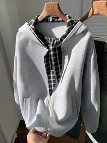 Comfortcana Women's Casual Commuting School Style Patchwork Plaid Knot Collar Zip-Up Hooded Fleece Sweatshirt, Warm For Autumn/Winter - Grey - View 4