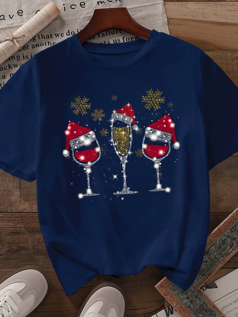 EMERY ROSE Plus Size Cherry Print Short Sleeve T-Shirt, Casual Summer - Blue - View 1