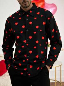 HIMLAND Men's Contrast Color Heart Print Long Sleeve Shirt Couple Matching Shirts For Couples Valentines Day Attire Black Shirt Red Hearts Husband And Wife Matching Outfits Men And Woman Matching Outfits - Black - View 9