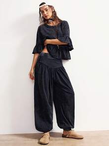 Bohemela 波西米亚风冬季圣诞节新年情人节音乐节休闲黑色针织圆领荷叶袖宽松T恤和阔腿宽松裤两件套女装 - 黑色 - 查看 2