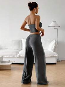 SHEIN EZwear 2 chiếc áo crop top và quần rút dây bên hông màu trơn thời trang mùa hè cho nữ - Xám - Xem 2