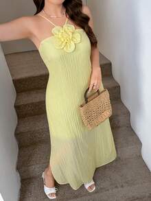 SHEIN LUNE Plus Size Women Solid Color 3D Floral Decor Elegant Halter Neck Dress  Yellow Dress Comfortable And Versatile - Yellow - View 11