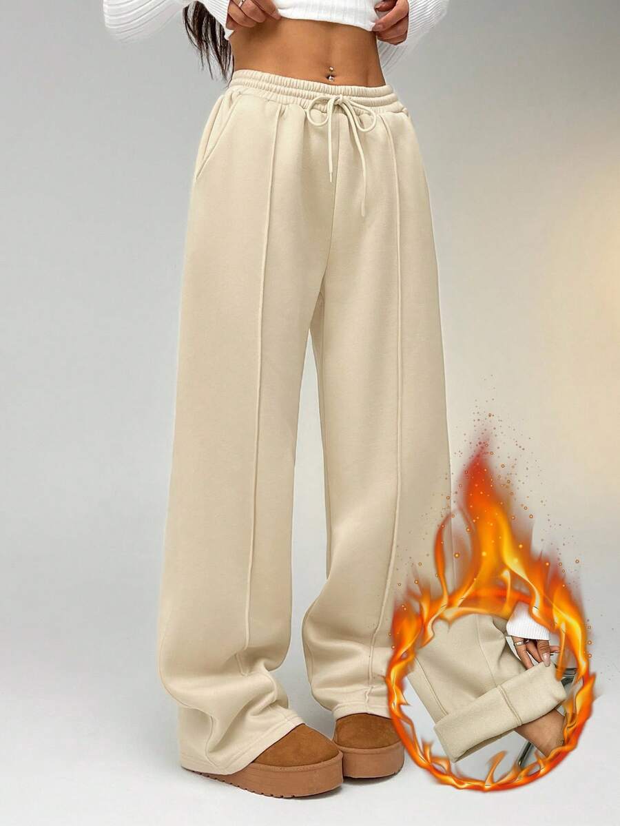 SHEIN EZwear Women Fall Khaki Pebble Seam Detail Straight Leg Sweatpants Graduation,Back To School Outfits,Graduation,Teacher Outfits For Women,Back To School - Khaki - View 1