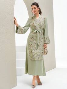 Al Najma New Elegant Beaded Embroidery Patchwork Cinched Waist Dress, High-End For Party, Gathering, Vacation - Green - View 2