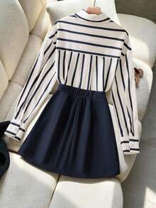 GlowEve 条纹衬衫和不对称褶皱短裙，优雅女士两件套